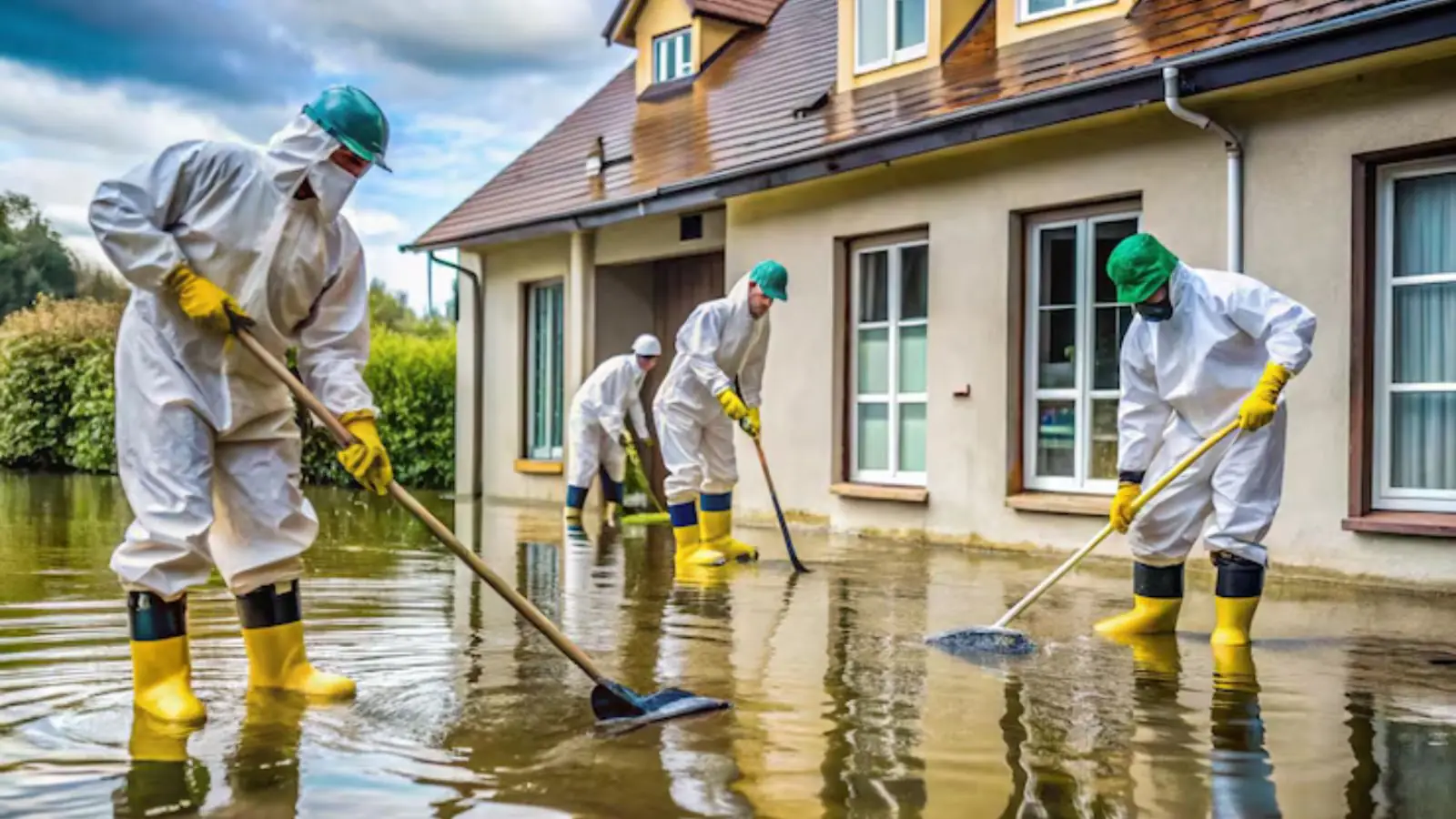 Crew in protective suits and boots clearing floodwater around a house